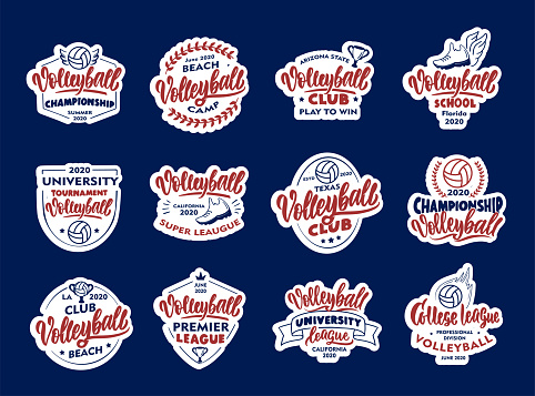 Set of  Volleyball stickers, patches. Sport badges, emblems, stamps for club, school on blue background. Collection of retro s with hand-drawn text, phrases. Vector illustration