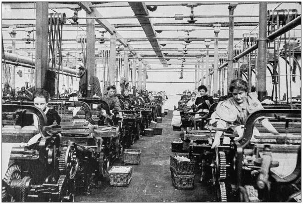Antique photograph of the British Empire: Lancashire cotton mill Antique photograph of the British Empire: Lancashire cotton mill blue collar worker photos stock illustrations