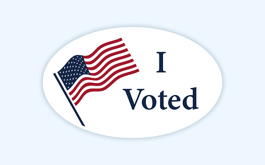 Classic style voting sticker with I voted slogan and us american flag. Circle vote sticker or label. US, USA, american election, voting sign. I voted quote. Responsible voting pin. Vector illustration