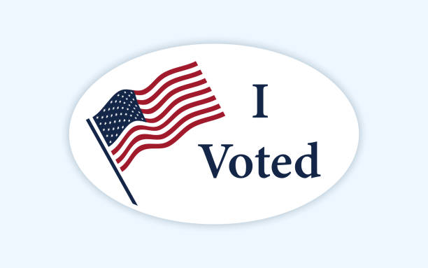 I voted sticker with us american flag. Classic style voting sticker with I voted slogan and us american flag. Circle vote sticker or label. US, USA, american election, voting sign. I voted quote. Responsible voting pin. Vector illustration voting stock illustrations
