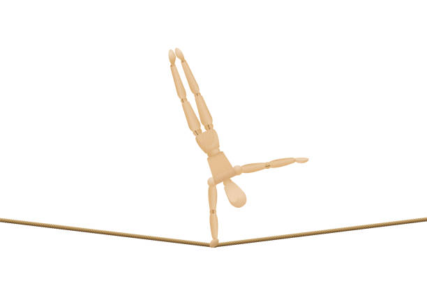 illustrazioni stock, clip art, cartoni animati e icone di tendenza di bilanciamento del funambolo nella posa yoga. manichino di legno meditando, figura laici, rilassandosi su una lunga corda. illustrazione vettoriale isolata su sfondo bianco. - omino di legno