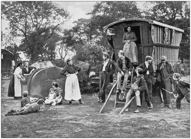 Antique photograph of the British Empire: Gipsy encampment in Essex Antique photograph of the British Empire: Gipsy encampment in Essex camper trailer photos stock illustrations
