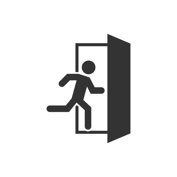 Emergency exit icon, great design for any purposes. Fire symbol. Emergency exit icon, great design for any purposes. Fire symbol. People vector icon. Right symbol. Emergency exit vector icon. people walking away stock illustrations