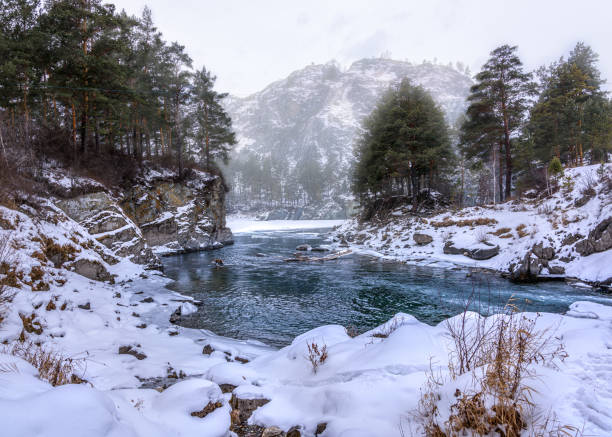 Landscape with snow-capped mountains and mountain river
