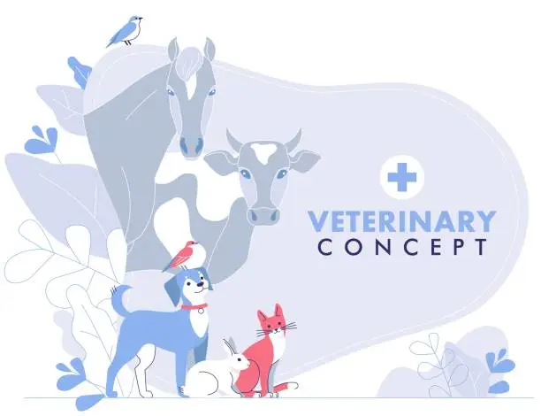 Vector illustration of Veterinary concept with group livestock animals and domestic pets in vet clinic.