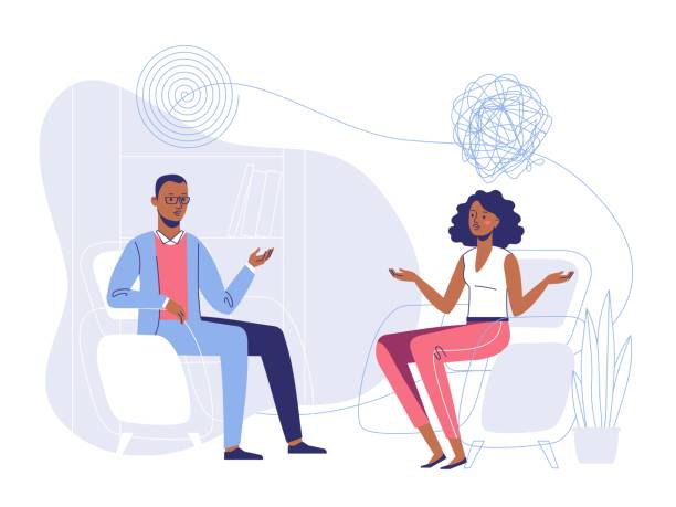 Psychotherapy counseling concept with black people. Psychologist african american man and young woman patient in therapy session. Treatment of stress, addictions and mental problems. patient designs stock illustrations
