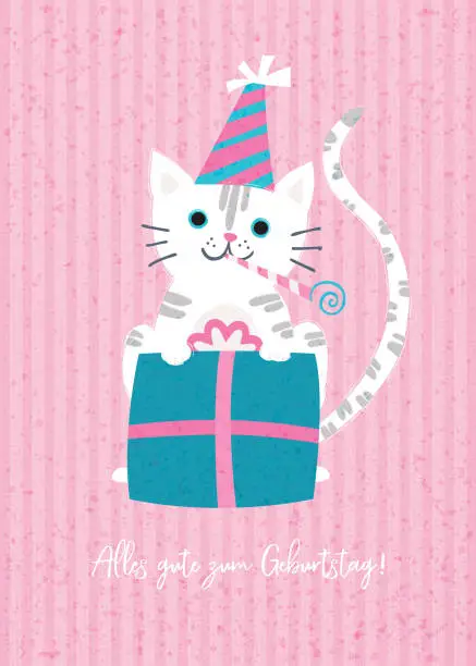 Vector illustration of Birthday Card. Cute white cat with gift box and party hat on white background. Text Happy Birthday. Vector Illustration.