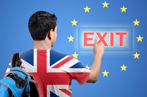 Man wearing Britain flag pushing exit button on EU flag