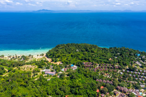 istock Blue clear water with boats. Green tropical island Phi Phi, palm trees grow. Shooting from a drone from the air. Beautiful seascape. Turquoise color of the water, you can see the bottom and corals. 1204442651