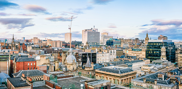 A panoramic city centre view over Scotland's largest city, Glasgow.