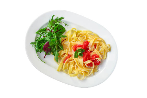 istock pasta tagliatelle tomato sauce (delicious main course) menu concept. background. top view. copy space 1204444014
