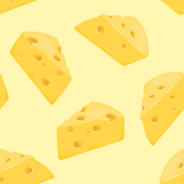 노란색 배경 원활한 패턴에 치즈의 조각. 벡터 음식 그림입니다. 만화 플랫 스타일의 유제품. - cheese swiss cheese portion vector stock illustrations