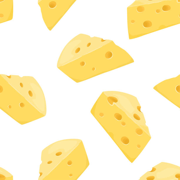 치즈 매끄러운 패턴. 흰색 배경에 치즈의 노란색 조각입니다. 만화 플랫 스타일의 벡터 음식 일러스트레이션입니다. - cheese backgrounds textured emmental cheese stock illustrations