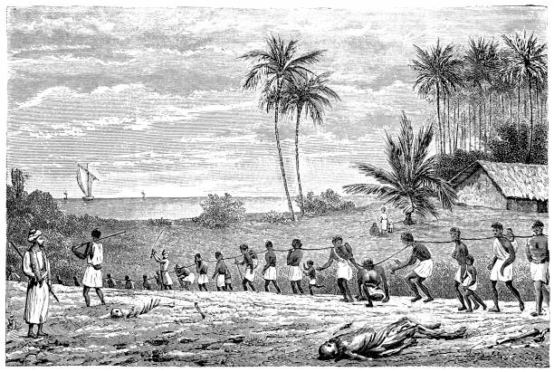 Region of Congo: transportation of negro slaves Illustration of a Region of Congo: transportation of negro slaves african slaves stock illustrations