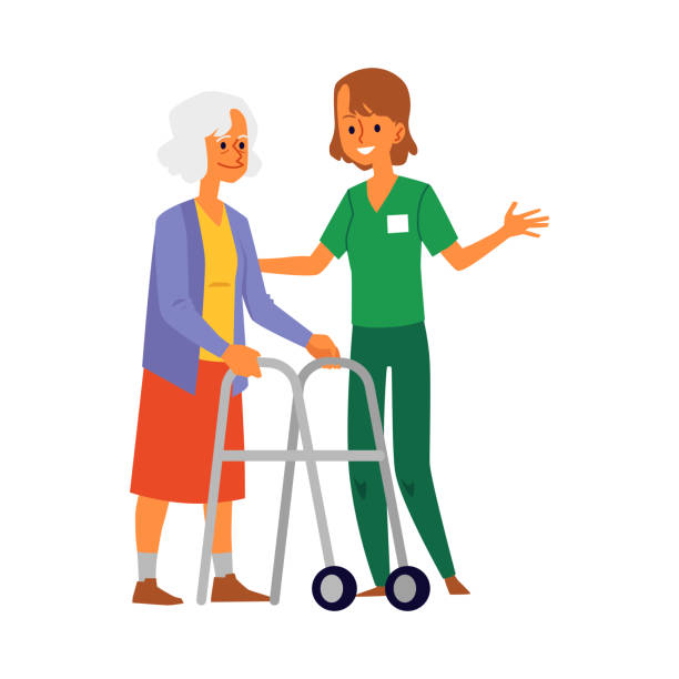 pflegeheim krankenschwester kümmert sich um seniorin flache vektor-illustration isoliert. - sales clerk stock-grafiken, -clipart, -cartoons und -symbole