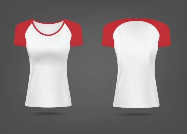 Vector illustration of Mockup of women t-shirt with red sleeves realistic vector illustration isolated.