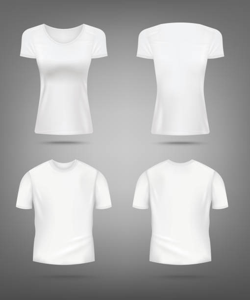 istock Women's and men's white T-shirt mockup set - realistic clothing mock ups 1204450211