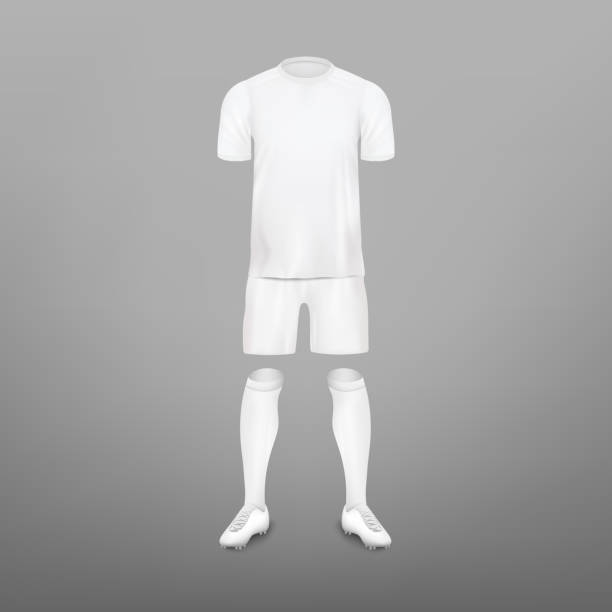 Soccer player clothes kit - realistic mockup set. Soccer player clothes kit - realistic mockup set. White T-shirt, shorts, socks and shoes design template with invisible model. Vector illustration. sports uniform stock illustrations