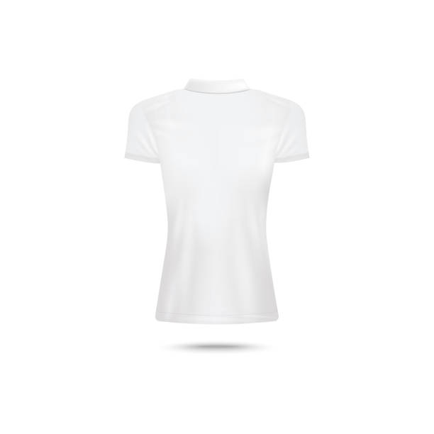 istock Back view of white female polo shirt mockup isolated on white background 1204450299