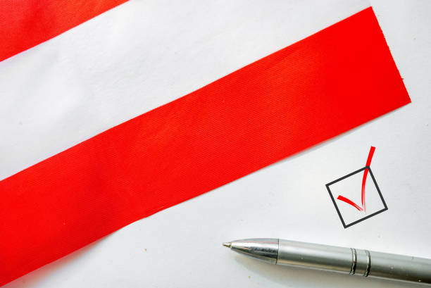 Pencil, Flag of Austria and check mark on paper sheet
