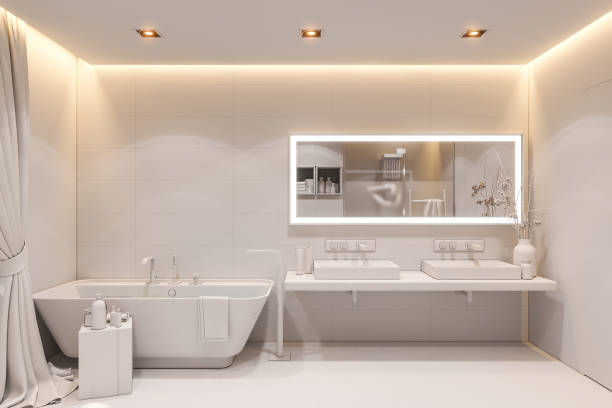 istock 3d illustration of a bathroom in a private house. Interior design in white without textures 1204451144