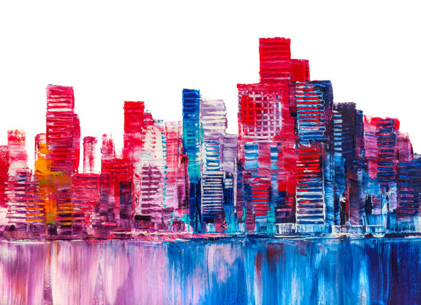 ilustraciones, imágenes clip art, dibujos animados e iconos de stock de pintura artística de rascacielos.  estilo abstracto. panorama urbano. - finance city sun sunset