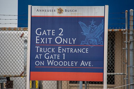 Van Nuys, California / USA  - January 20, 2020: Gate 2 sign at Budweiser Brewery Security Gate 2 on Haskell Ave., on the East side of the Brewery.