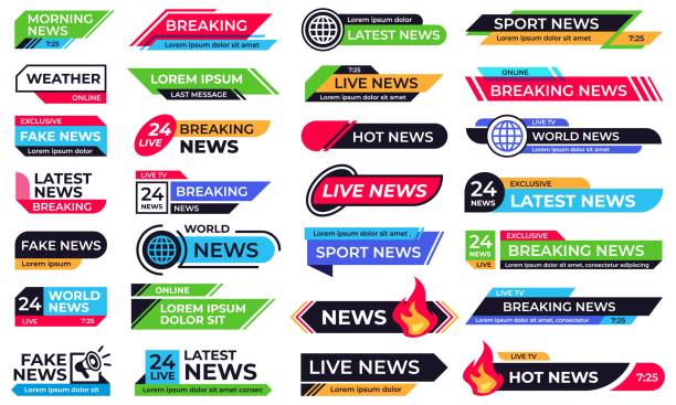 News banner. Breaking header, 24 live news and sport bar banner templates vector set News banner. Breaking header, 24 live news and sport bar banner templates vector set. Collection of lower thirds or graphic overlays for television newscast show, internet media, online broadcasting. megaphone borders stock illustrations