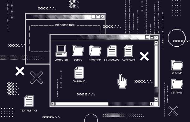 illustrations, cliparts, dessins animés et icônes de interface abstraite des années 80. écran noir rétro d’ordinateur avec de vieux programmes d’interface virtuelle foncée, pépin de programme et illustration de vecteur d’attaque de virus virtuel - problems computer technology pc