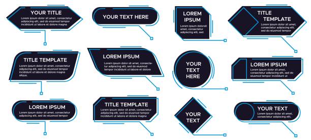 Callouts titles banner. Futuristic callouts template, digital line text frame boxes and callout label vector set Callouts titles banner. Futuristic callouts template, digital line text frame boxes and callout label vector set. Collection of pop-up or description boxes, speech bubbles. Simple design elements. heading the ball stock illustrations
