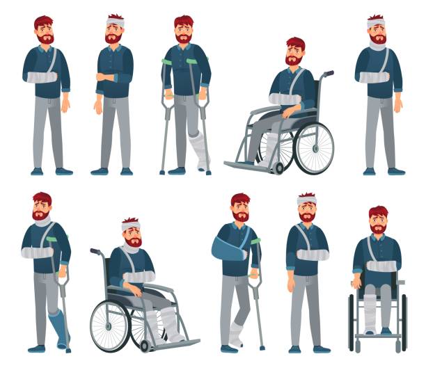 ilustraciones, imágenes clip art, dibujos animados e iconos de stock de un hombre herido. hombre silla de ruedas con brazo y pierna rotos en yeso. triste personaje masculino con diferentes lesiones accidente vector dibujos animados ilustración - crutch physical injury accident physical impairment