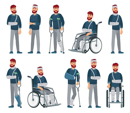 Man with injury. Wheelchair man with broken arm and leg in gypsum. Sad male character with different accident injuries vector cartoon illustration. Unhappy handicapped guy with bandage and crutches.