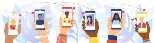 концепция онлайн-сервиса знакомств с приложением на мобильном телефоне - интернет знакомства иллюстрации stock illustrations