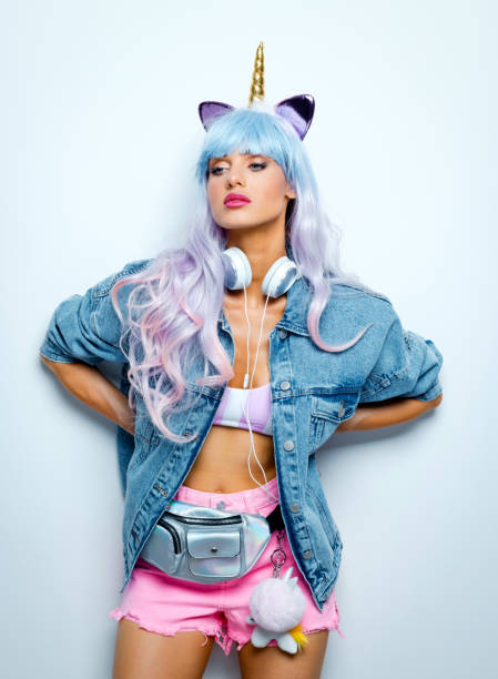 istock Manga style confident young woman wearing oversized denim jacket 1204459225