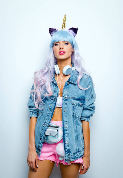 istock Manga style confident young woman wearing oversized denim jacket 1204459262