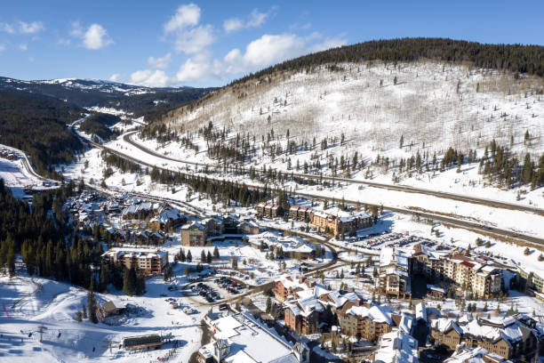 Aerial view winter recreation and sports in Copper Mountain in Colorado stock photo