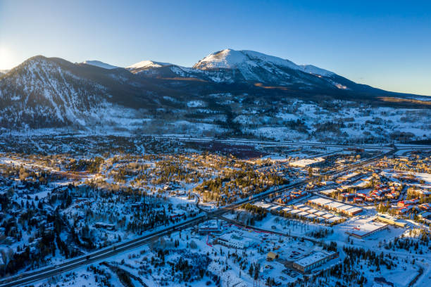 Aerial view winter wonderland sunset in Frisco Colorado Aerial view winter wonderland sunset in Frisco Colorado summit county stock pictures, royalty-free photos & images