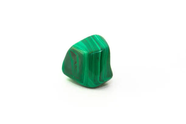 Photo of A sample of the mineral malachite on a white background