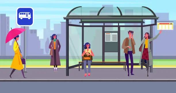 Vector illustration of Passengers waiting transport at bus stop