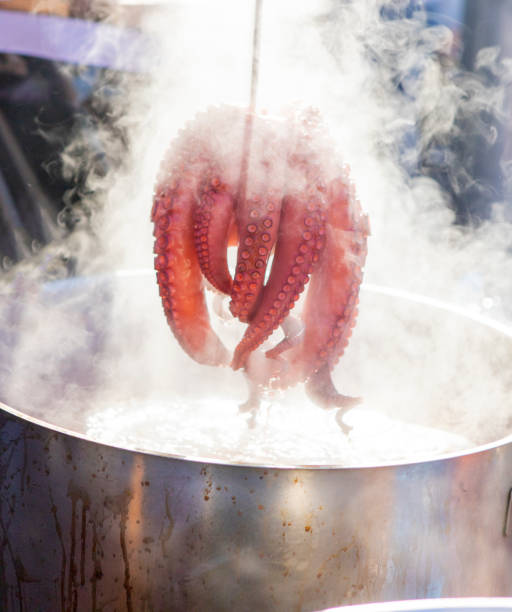 pulpo a feira from spain, preparing boiled common octopus, typical meal from Galicia.