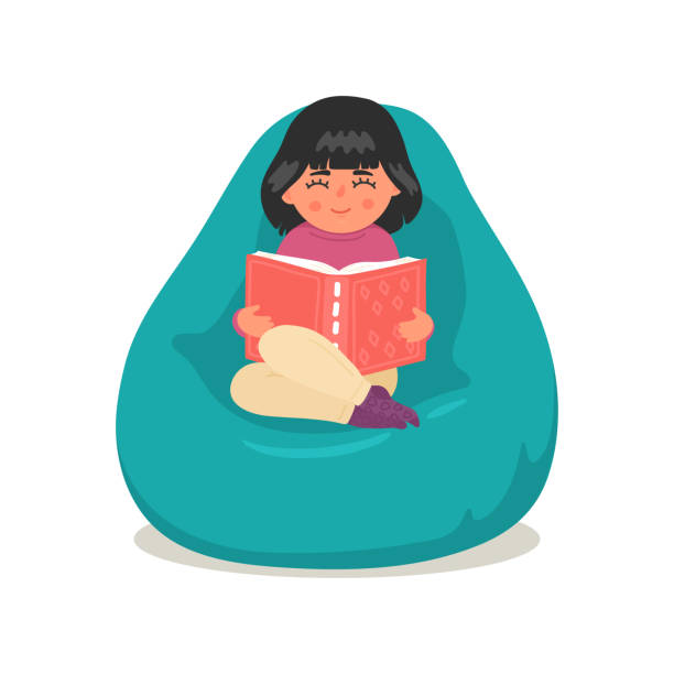 ilustrações, clipart, desenhos animados e ícones de menina bonita lendo livro em saco de feijão - baby white background preschool isolated on white