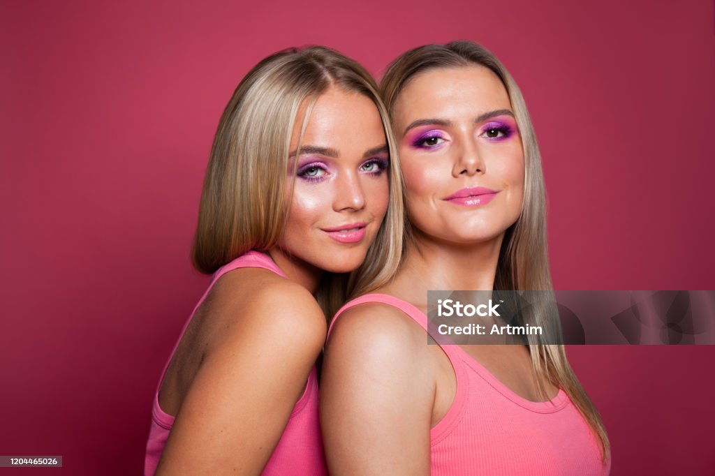 12 Pretty Models Pretty Models With Perfect Makeup On Pink Background Stock Photo ...