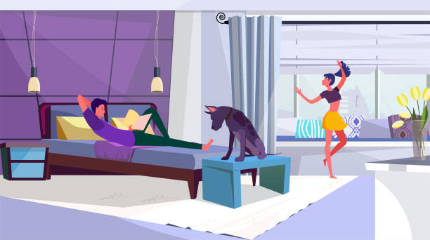 illustrations, cliparts, dessins animés et icônes de couples de famille avec le crabot passant le temps dans la chambre à coucher - lying down men isolated young adult