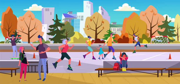 Depressed unhappy teenagers at skate park Depressed unhappy teenagers at skate park. Roller skating, angry shouting father, outside flat vector illustration. Toxic parents, teen problems concept for banner, website design or landing web page roller rink stock illustrations