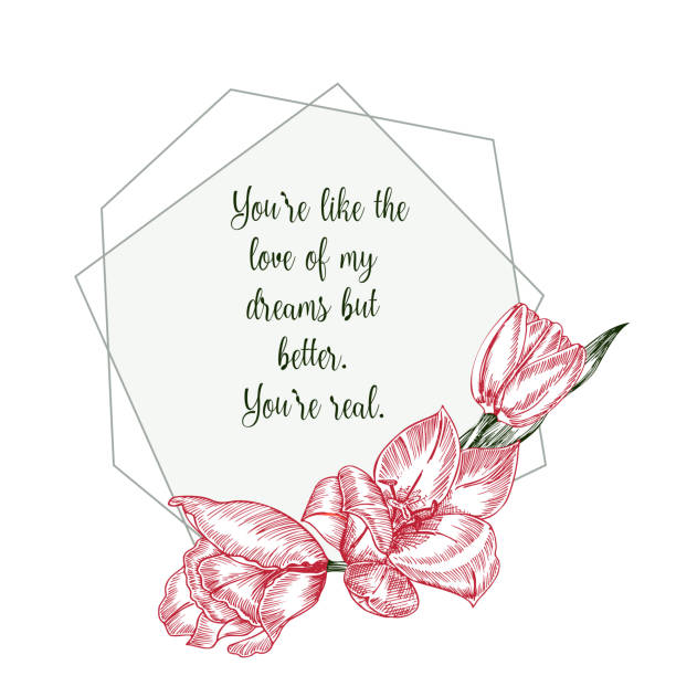 Greeting card with Spring flower bouquet of tulips in red and green colors on gray background. Line engraving drawing Vintage style. Realistic botanical nature floral sketch pattern Greeting card with Spring flower bouquet of tulips in red and green colors on white background Vintage style Realistic botanical sketch pattern. Women, mother days design, 8 march Short Love Quotes couple tattoo quotes stock illustrations