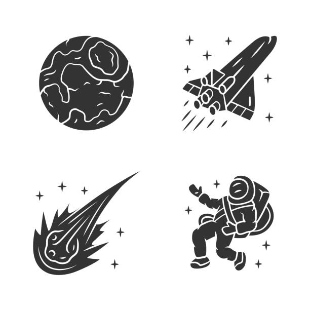 illustrazioni stock, clip art, cartoni animati e icone di tendenza di set di icone del glifo astronomico. esplorazione spaziale. terra, astronave, cometa, astronauta. astrofisica. ricerca galattica. viaggio interstellare. missione cosmica. simboli di siluetta. illustrazione isolata vettoriale - astrophysic