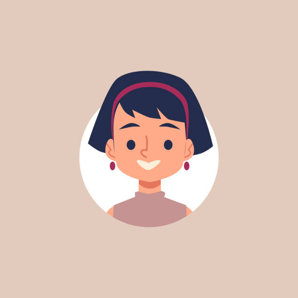 Flat cartoon girl user icon portrait inside circle frame Flat cartoon girl user icon portrait inside circle frame - cute child with short black hair smiling with friendly face. Isolated vector illustration. ear piercing clip art stock illustrations