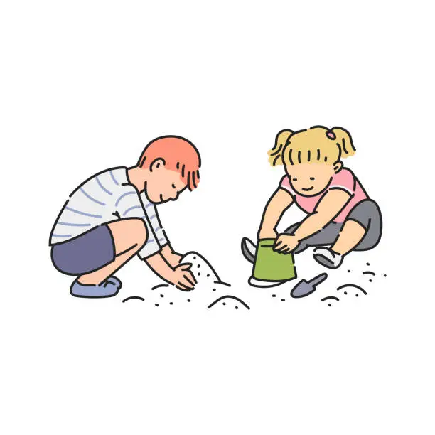 Vector illustration of Preschool age children playing in sandbox, sketch vector illustration isolated.