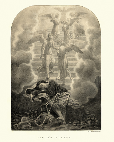 Vintage engraving of Jacob's vision of a ladder to heaven. Jacob's Ladder is a ladder leading to heaven that was featured in a dream the biblical Patriarch Jacob had during his flight from his brother Esau in the Book of Genesis.