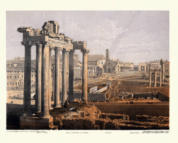 View of ruins of Ancient Rome, Temple of Saturn, Colosseum Vintage colour engraving of Ruins of Ancient Rome, Temple of Saturn, Temple of Antoninus and Faustinam, Colosseum, Arch of Titus, Temple of Jupiter.  19th Century capitoline hill stock illustrations